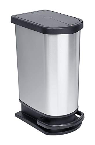 Rotho Paso Mülleimer 50l zur Mülltrennung mit Deckel und Pedal, Kunststoff (PP) BPA-frei, silbermetallic, 50l (44.0 x 29.0 x 67.0 cm), Silber