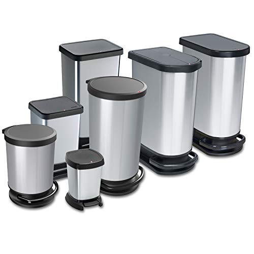 Rotho Paso Mülleimer 50l zur Mülltrennung mit Deckel und Pedal, Kunststoff (PP) BPA-frei, silbermetallic, 50l (44.0 x 29.0 x 67.0 cm), Silber