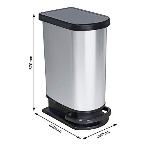 Rotho Paso Mülleimer 50l zur Mülltrennung mit Deckel und Pedal, Kunststoff (PP) BPA-frei, silbermetallic, 50l (44.0 x 29.0 x 67.0 cm), Silber