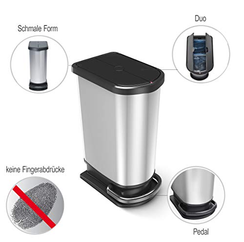 Rotho Paso Mülleimer 50l zur Mülltrennung mit Deckel und Pedal, Kunststoff (PP) BPA-frei, silbermetallic, 50l (44.0 x 29.0 x 67.0 cm), Silber