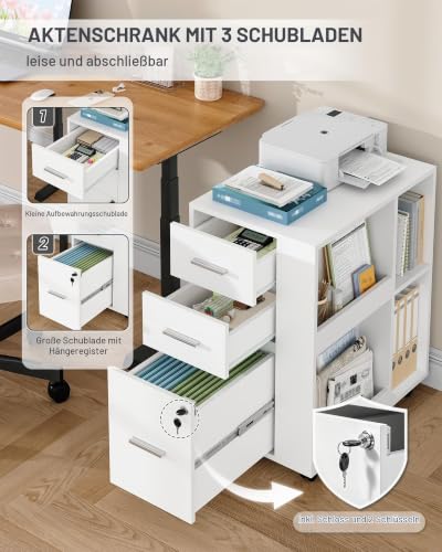 Hzuaneri Rollcontainer 40 x 60 x 70cm 3 Schubladen Zeitschriftenablage Weiß
