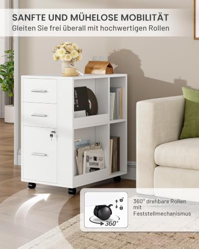 Hzuaneri Rollcontainer 40 x 60 x 70cm 3 Schubladen Zeitschriftenablage Weiß