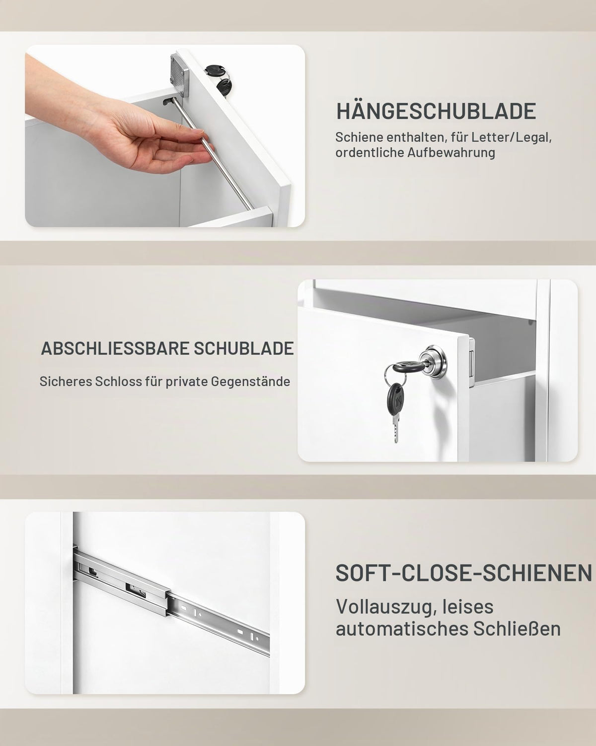 Hzuaneri Rollcontainer 40 x 60 x 70cm 3 Schubladen Zeitschriftenablage Weiß