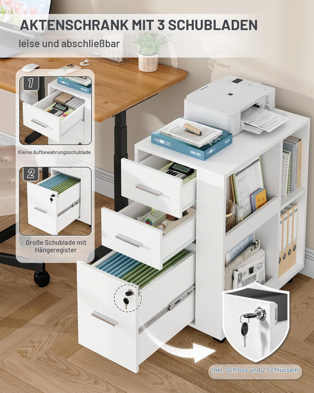 Hzuaneri Rollcontainer 40 x 60 x 70cm 3 Schubladen Zeitschriftenablage Weiß