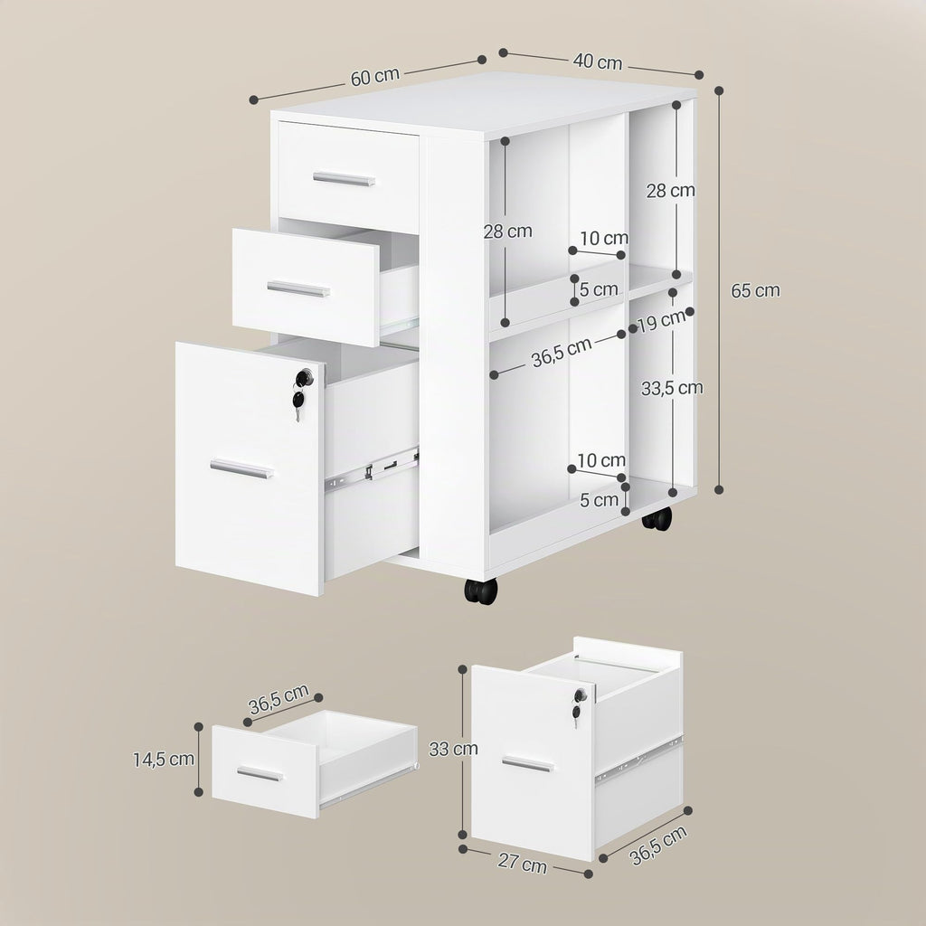 Hzuaneri Rollcontainer 40 x 60 x 70cm 3 Schubladen Zeitschriftenablage Weiß
