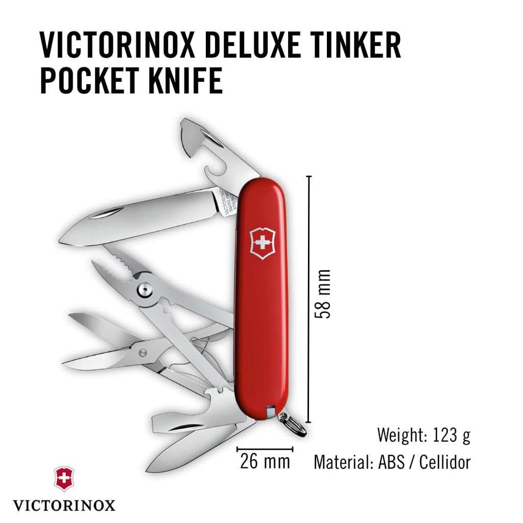 Victorinox Schweizer Taschenmesser, Deluxe Tinker, Multitool, 17 Funktionen, Klinge, gross, Dosenöffner, Schraubendreher 3 mm, Rot