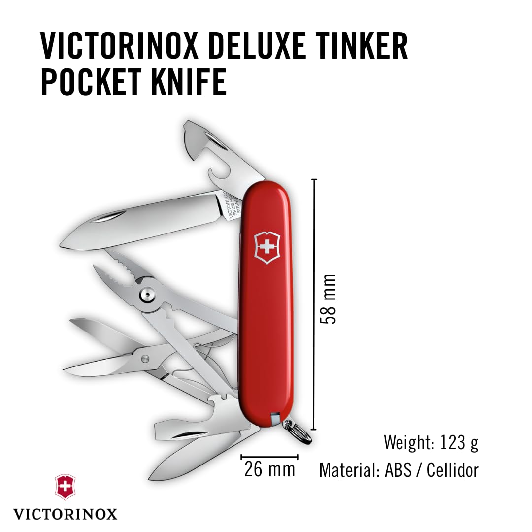 Victorinox Schweizer Taschenmesser, Deluxe Tinker, Multitool, 17 Funktionen, Klinge, gross, Dosenöffner, Schraubendreher 3 mm, Rot