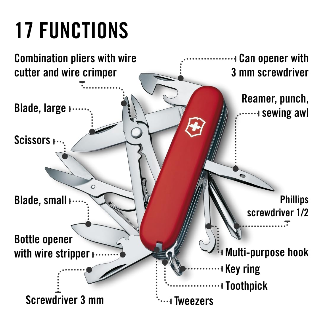 Victorinox Schweizer Taschenmesser, Deluxe Tinker, Multitool, 17 Funktionen, Klinge, gross, Dosenöffner, Schraubendreher 3 mm, Rot