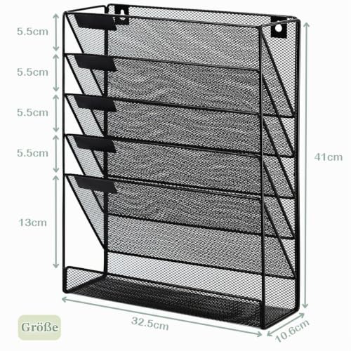 Zeitschriftenhalter Wand, Hängeorganizer Wandablagefächer A4, 6 Fächer Prospektspenderset, Metall Hängeorganizer, Dokumentenablage Schwarz