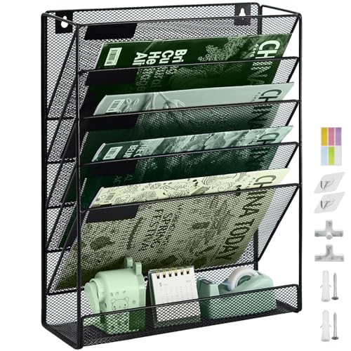 Zeitschriftenhalter Wand, Hängeorganizer Wandablagefächer A4, 6 Fächer Prospektspenderset, Metall Hängeorganizer, Dokumentenablage Schwarz