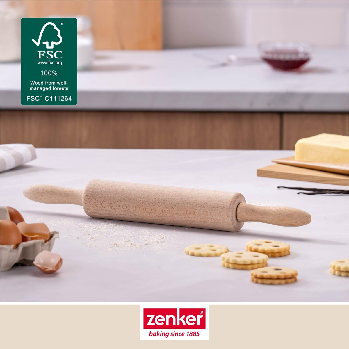 Zenker Teigrolle – Nudelholz mit Metallachse aus Buchenholz, Hochwertige Backrolle für Teig & Fondant, Ca 23 x 6 cm, Reinigung per Hand, Beige