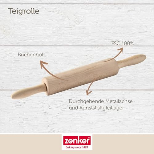 Zenker Teigrolle – Nudelholz mit Metallachse aus Buchenholz, Hochwertige Backrolle für Teig & Fondant, Ca 23 x 6 cm, Reinigung per Hand, Beige