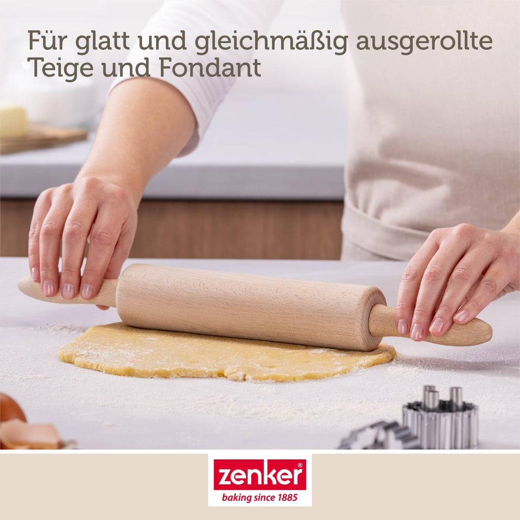 Zenker Teigrolle – Nudelholz mit Metallachse aus Buchenholz, Hochwertige Backrolle für Teig & Fondant, Ca 23 x 6 cm, Reinigung per Hand, Beige