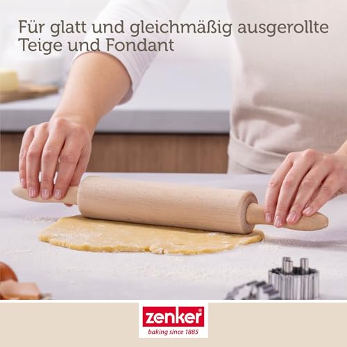 Zenker Teigrolle – Nudelholz mit Metallachse aus Buchenholz, Hochwertige Backrolle für Teig & Fondant, Ca 23 x 6 cm, Reinigung per Hand, Beige