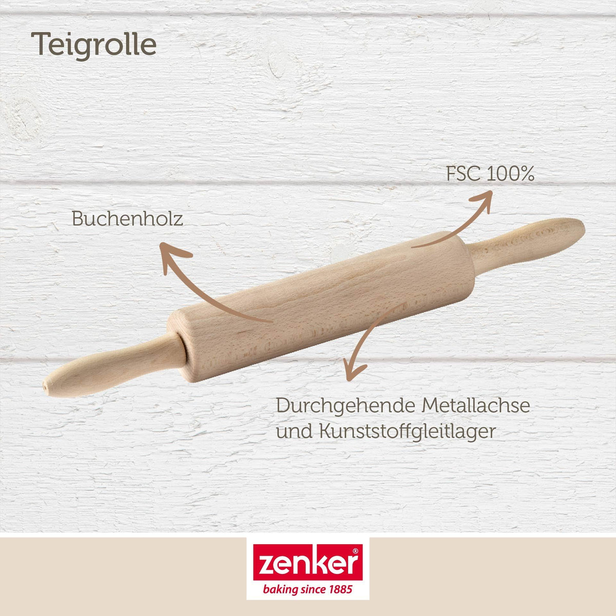 Zenker Teigrolle – Nudelholz mit Metallachse aus Buchenholz, Hochwertige Backrolle für Teig & Fondant, Ca 23 x 6 cm, Reinigung per Hand, Beige