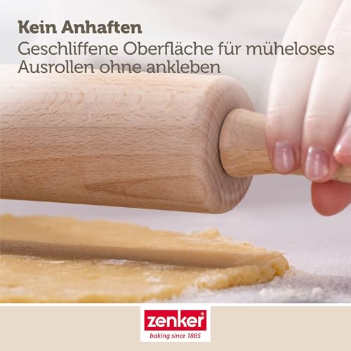 Zenker Teigrolle – Nudelholz mit Metallachse aus Buchenholz, Hochwertige Backrolle für Teig & Fondant, Ca 23 x 6 cm, Reinigung per Hand, Beige