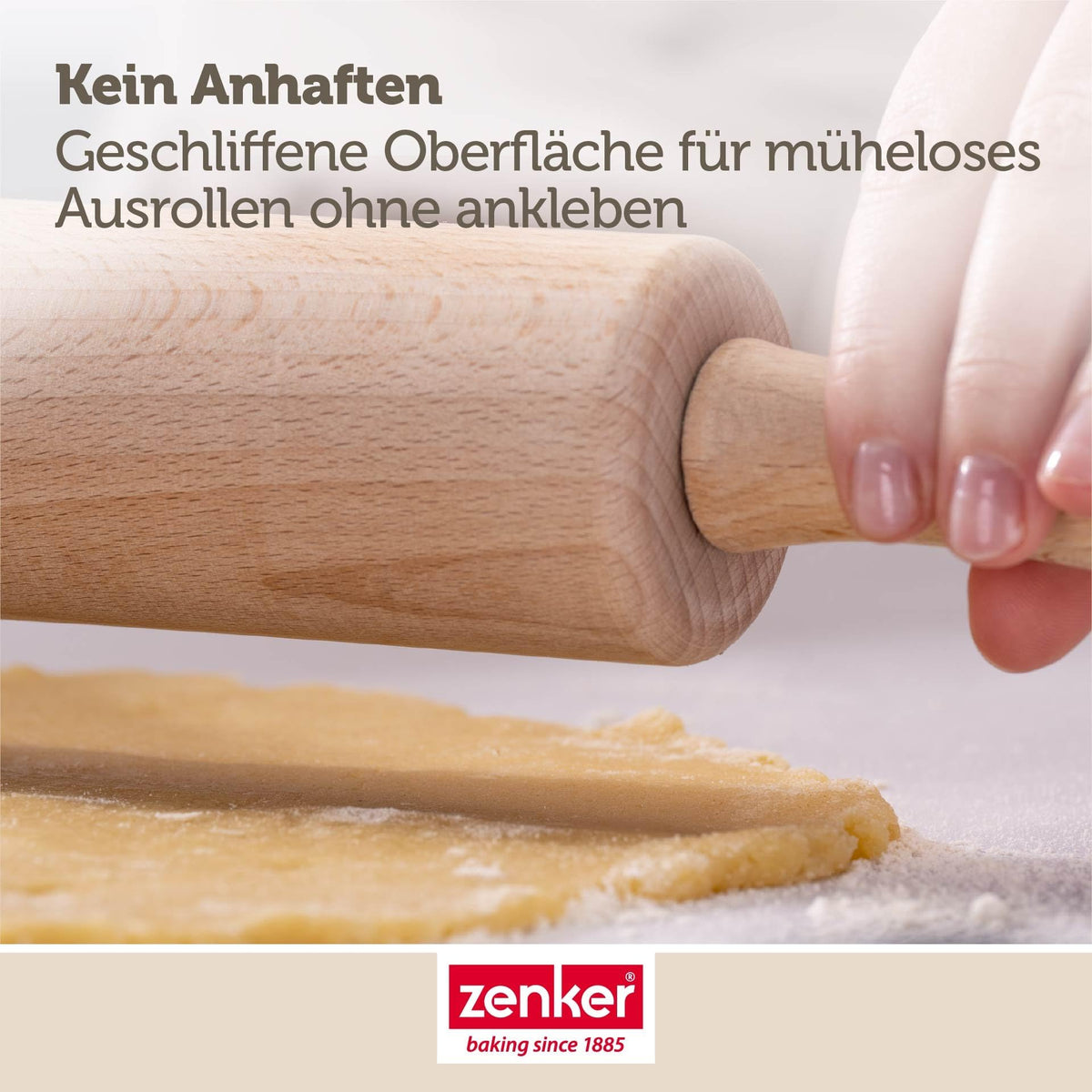 Zenker Teigrolle – Nudelholz mit Metallachse aus Buchenholz, Hochwertige Backrolle für Teig & Fondant, Ca 23 x 6 cm, Reinigung per Hand, Beige