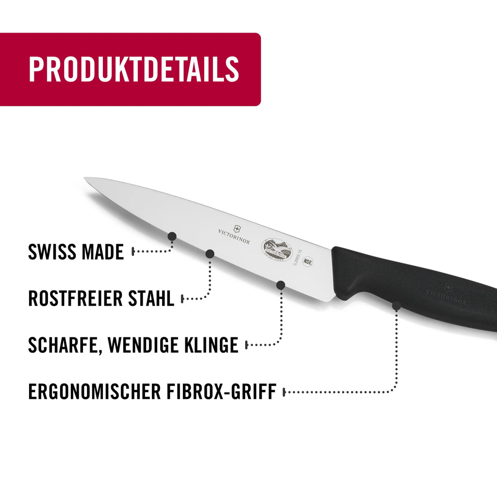 Victorinox Fibrox Kochmesser, Breites Universalmesser für Obst und Gemüse, 15 cm, Gerade Klinge, Scharf, HACCP geeignet, Rutschfest, Schwarz