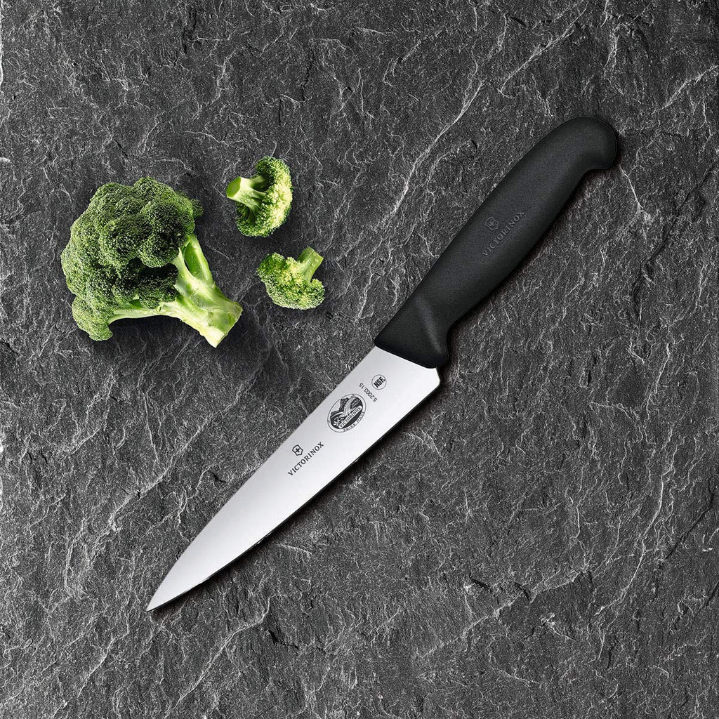 Victorinox Fibrox Kochmesser, Breites Universalmesser für Obst und Gemüse, 15 cm, Gerade Klinge, Scharf, HACCP geeignet, Rutschfest, Schwarz