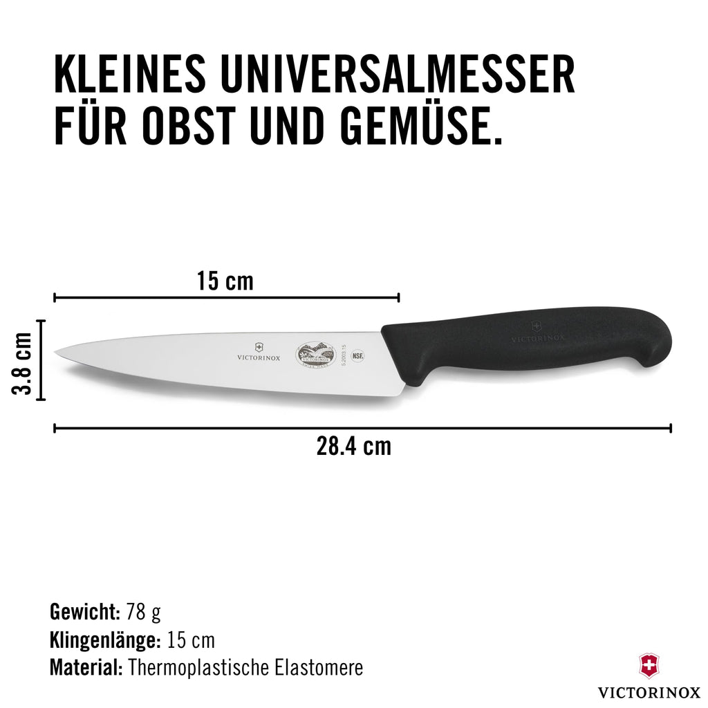Victorinox Fibrox Kochmesser, Breites Universalmesser für Obst und Gemüse, 15 cm, Gerade Klinge, Scharf, HACCP geeignet, Rutschfest, Schwarz
