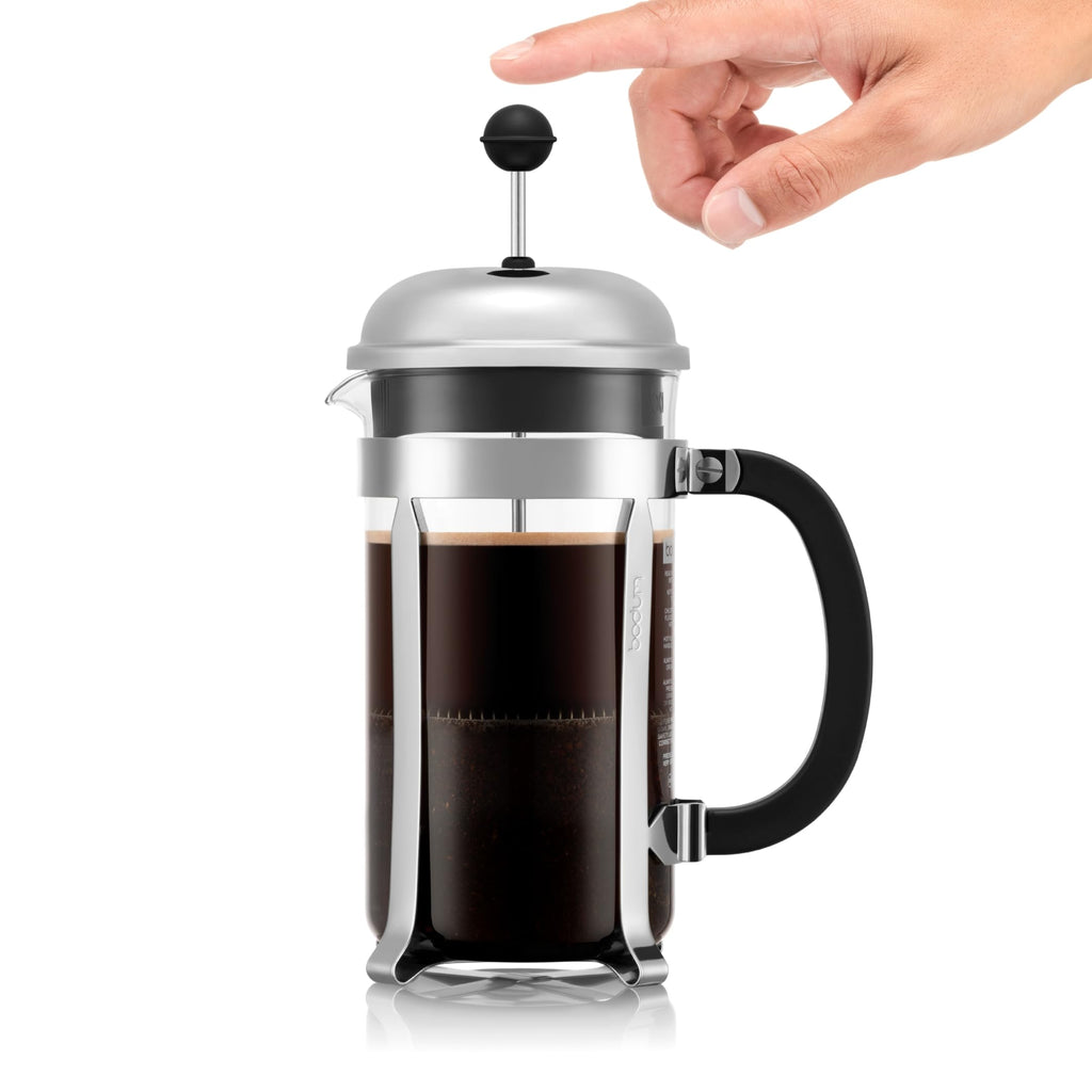 Bodum French Press Chambord - 1L / 8 Tassen Silber Kaffeebereiter - Hitzebeständiges Glas & Edelstahlfilter - BPA-frei Spülmaschinenfest Cafetière - Made in Portugal