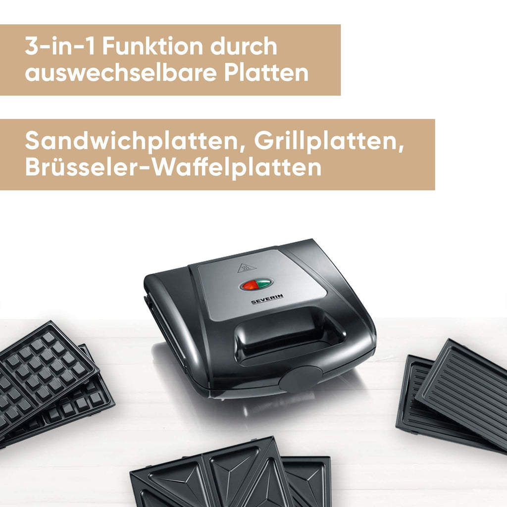Severin 3in1 Sandwichmaker Sandwich-Toaster, auswechselbare Platten: Brüsseler-Waffeleisen, Grillplatten, Sandwich-Toasts, antihaftbeschichtet, 1.000 W, Edelstahl-gebürstet, schwarz, SA 2968