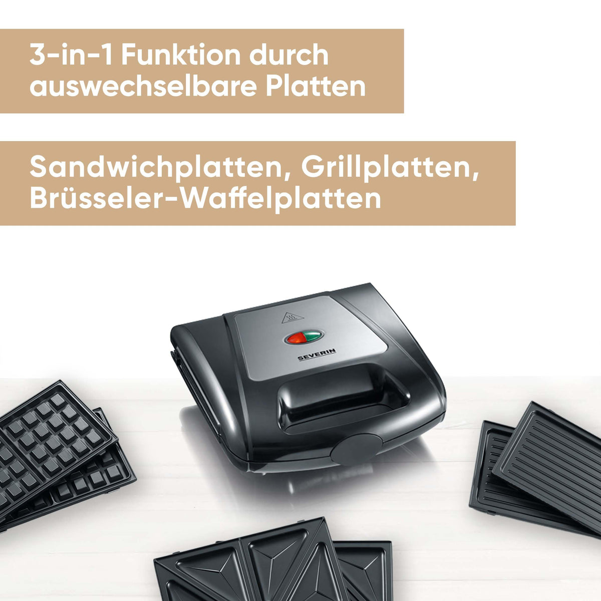 Severin 3in1 Sandwichmaker Sandwich-Toaster, auswechselbare Platten: Brüsseler-Waffeleisen, Grillplatten, Sandwich-Toasts, antihaftbeschichtet, 1.000 W, Edelstahl-gebürstet, schwarz, SA 2968