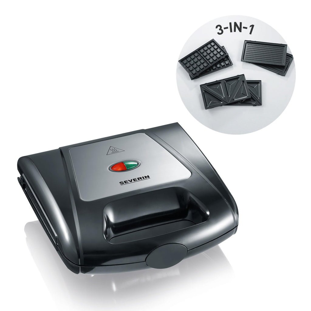 Severin 3in1 Sandwichmaker Sandwich-Toaster, auswechselbare Platten: Brüsseler-Waffeleisen, Grillplatten, Sandwich-Toasts, antihaftbeschichtet, 1.000 W, Edelstahl-gebürstet, schwarz, SA 2968