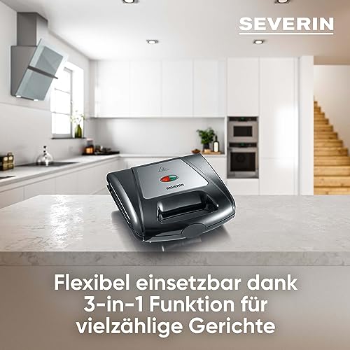 Severin 3in1 Sandwichmaker Sandwich-Toaster, auswechselbare Platten: Brüsseler-Waffeleisen, Grillplatten, Sandwich-Toasts, antihaftbeschichtet, 1.000 W, Edelstahl-gebürstet, schwarz, SA 2968