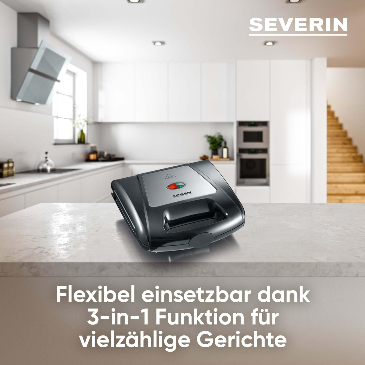 Severin 3in1 Sandwichmaker Sandwich-Toaster, auswechselbare Platten: Brüsseler-Waffeleisen, Grillplatten, Sandwich-Toasts, antihaftbeschichtet, 1.000 W, Edelstahl-gebürstet, schwarz, SA 2968
