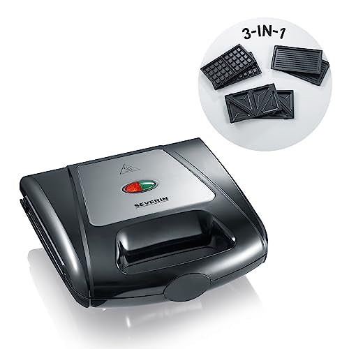 Severin 3in1 Sandwichmaker Sandwich-Toaster, auswechselbare Platten: Brüsseler-Waffeleisen, Grillplatten, Sandwich-Toasts, antihaftbeschichtet, 1.000 W, Edelstahl-gebürstet, schwarz, SA 2968