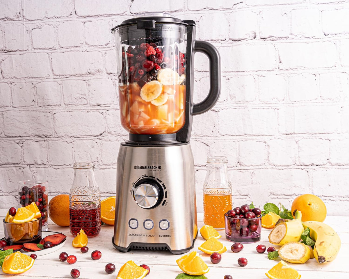 ROMMELSBACHER Standmixer MX 1250-22.000 U/min, stufenlose Drehzahlregulierung, Funktionstasten (Smoothie, Clean/Pulse, Ice Crush), Glaskrug, Edelstahlgehäuse, Spezialmesser, 1200 Watt