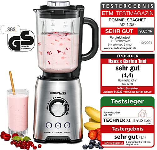 ROMMELSBACHER Standmixer MX 1250-22.000 U/min, stufenlose Drehzahlregulierung, Funktionstasten (Smoothie, Clean/Pulse, Ice Crush), Glaskrug, Edelstahlgehäuse, Spezialmesser, 1200 Watt