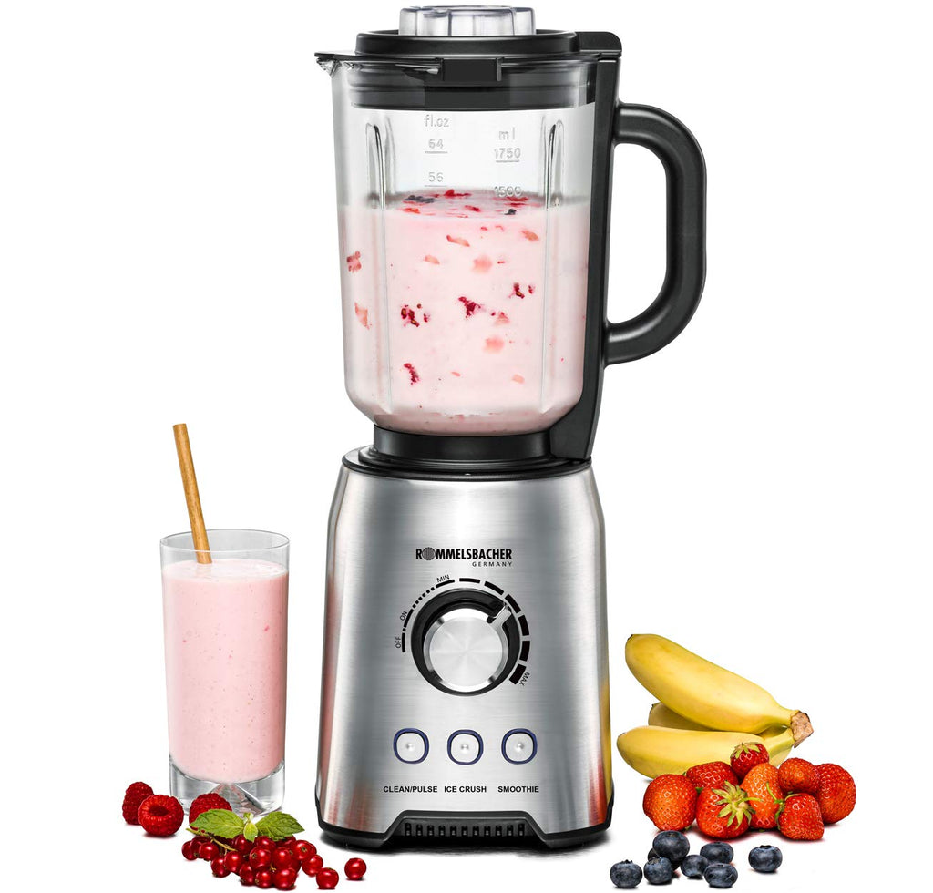 ROMMELSBACHER Standmixer MX 1250-22.000 U/min, stufenlose Drehzahlregulierung, Funktionstasten (Smoothie, Clean/Pulse, Ice Crush), Glaskrug, Edelstahlgehäuse, Spezialmesser, 1200 Watt