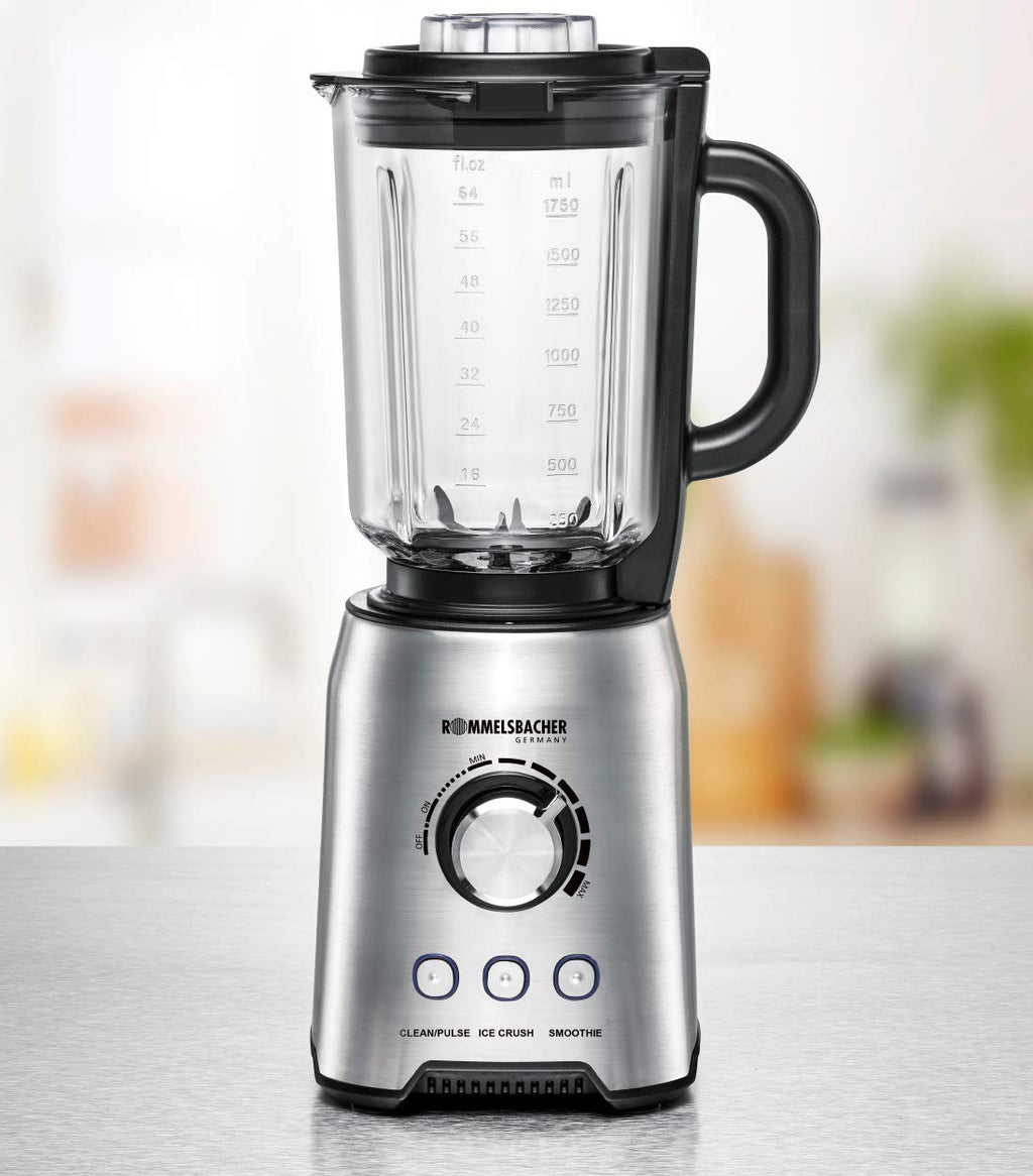 ROMMELSBACHER Standmixer MX 1250-22.000 U/min, stufenlose Drehzahlregulierung, Funktionstasten (Smoothie, Clean/Pulse, Ice Crush), Glaskrug, Edelstahlgehäuse, Spezialmesser, 1200 Watt