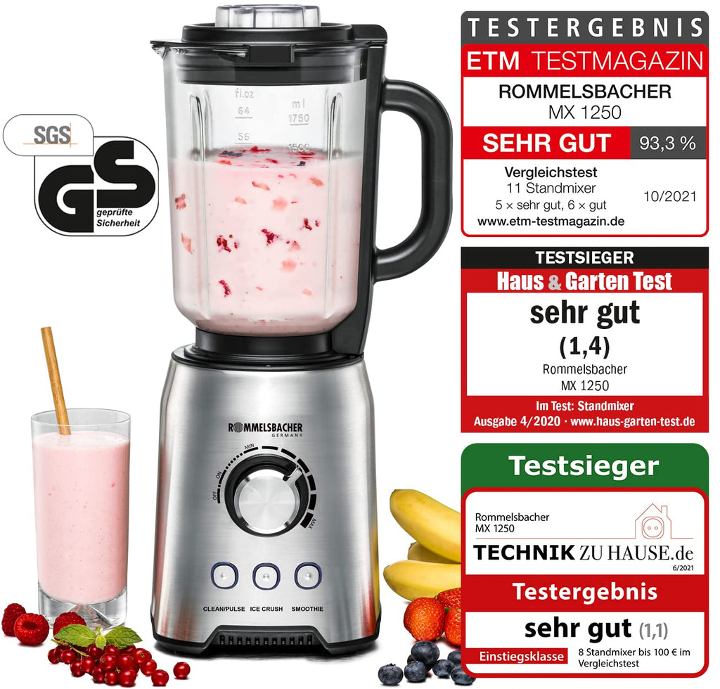 ROMMELSBACHER Standmixer MX 1250-22.000 U/min, stufenlose Drehzahlregulierung, Funktionstasten (Smoothie, Clean/Pulse, Ice Crush), Glaskrug, Edelstahlgehäuse, Spezialmesser, 1200 Watt