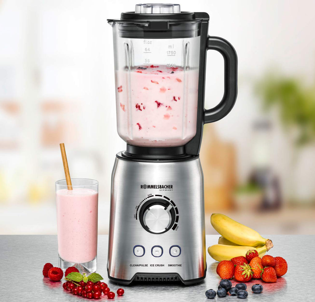 ROMMELSBACHER Standmixer MX 1250-22.000 U/min, stufenlose Drehzahlregulierung, Funktionstasten (Smoothie, Clean/Pulse, Ice Crush), Glaskrug, Edelstahlgehäuse, Spezialmesser, 1200 Watt