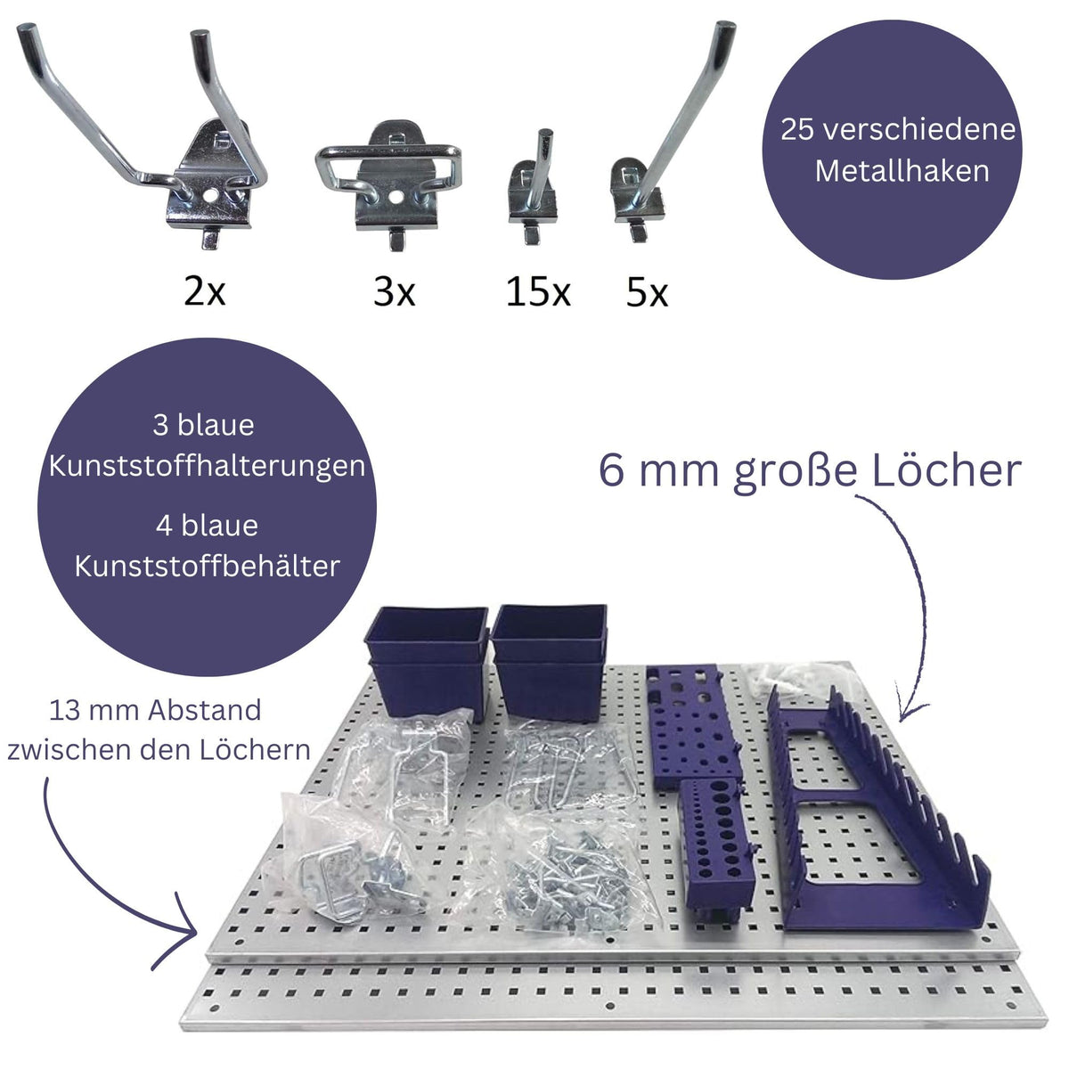 CF Technik Werkzeugwand Set aus Metall | 2x Lochwand (55,5 x 46 cm) inkl. 32-teiligem Haken und Behältersortiment | Stabiles Ordnungssystem für Werkstatt, Garage & Keller | Wandhalterung für Werkzeug