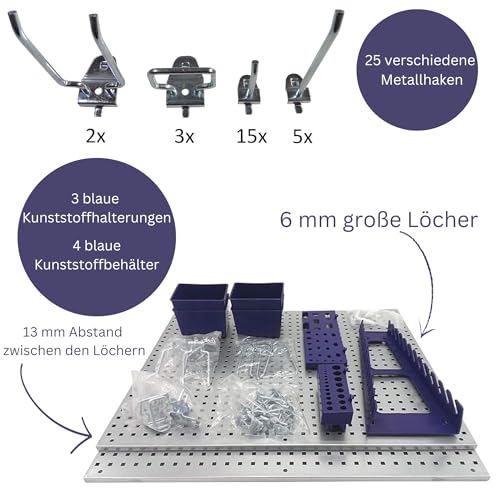 CF Technik Werkzeugwand Set aus Metall | 2x Lochwand (55,5 x 46 cm) inkl. 32-teiligem Haken und Behältersortiment | Stabiles Ordnungssystem für Werkstatt, Garage & Keller | Wandhalterung für Werkzeug