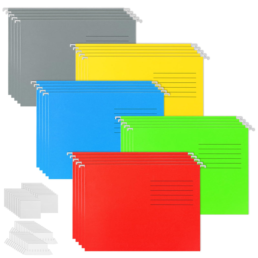 25 Stück Hängeregister Mappen, Hängemappen A4 mit Tabs und Karteneinsätzen, 5 Farben Hängeregister, Aktenschrank Hängemappen für Zuhause, Schule, Büro