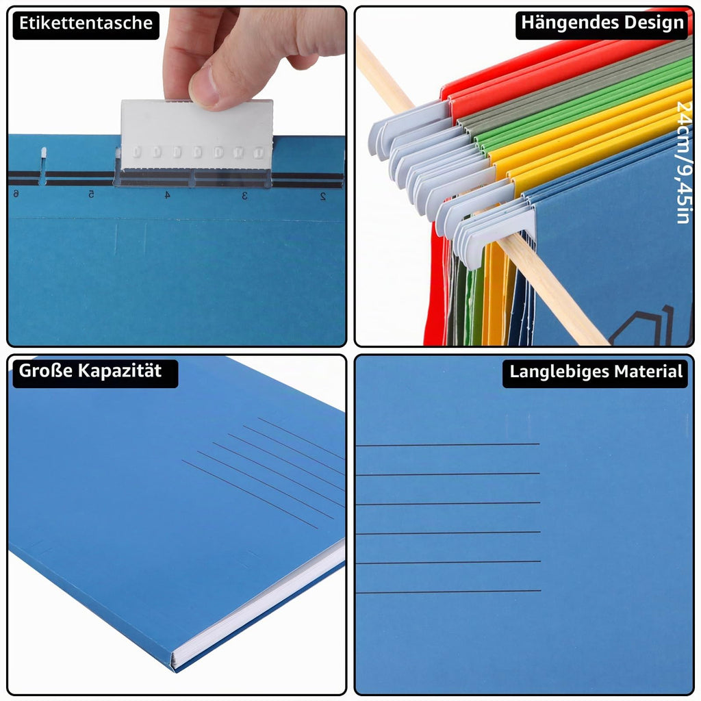 25 Stück Hängeregister Mappen, Hängemappen A4 mit Tabs und Karteneinsätzen, 5 Farben Hängeregister, Aktenschrank Hängemappen für Zuhause, Schule, Büro