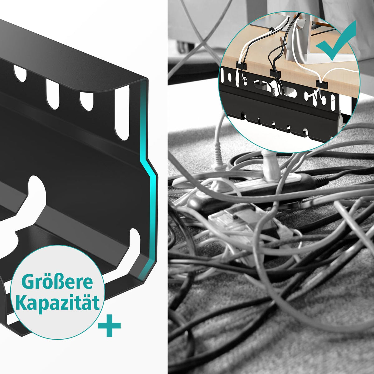 2TLG Kabelkanal Schreibtisch ohne Bohren Schwarz, Kabelmanagement Schreibtisch für Kabelversteck, Kabelwanne Ideal für Home Office und Arbeitsplätze, Kostenlos mit 22 Zubehörteilen Kabelorganisation