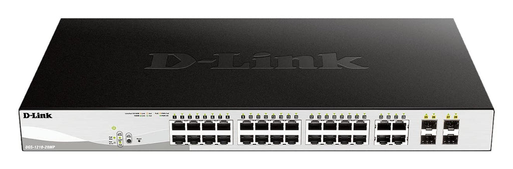 D-Link DGS-1210-28MP/E 28-Port PoE+ Gigabit Smart Managed Switch (24 x 10/100/1000 Base-T PoE-Ports und 4 x 100/1000 Mbit/s SFP Combo-Ports, 370W PoE-Kapazität) - Nur EU-Netzkabel