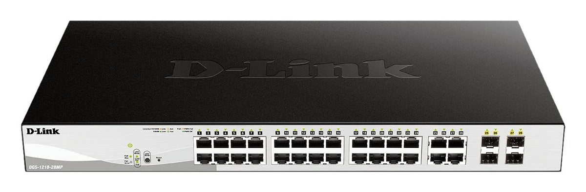D-Link DGS-1210-28MP/E 28-Port PoE+ Gigabit Smart Managed Switch (24 x 10/100/1000 Base-T PoE-Ports und 4 x 100/1000 Mbit/s SFP Combo-Ports, 370W PoE-Kapazität) - Nur EU-Netzkabel