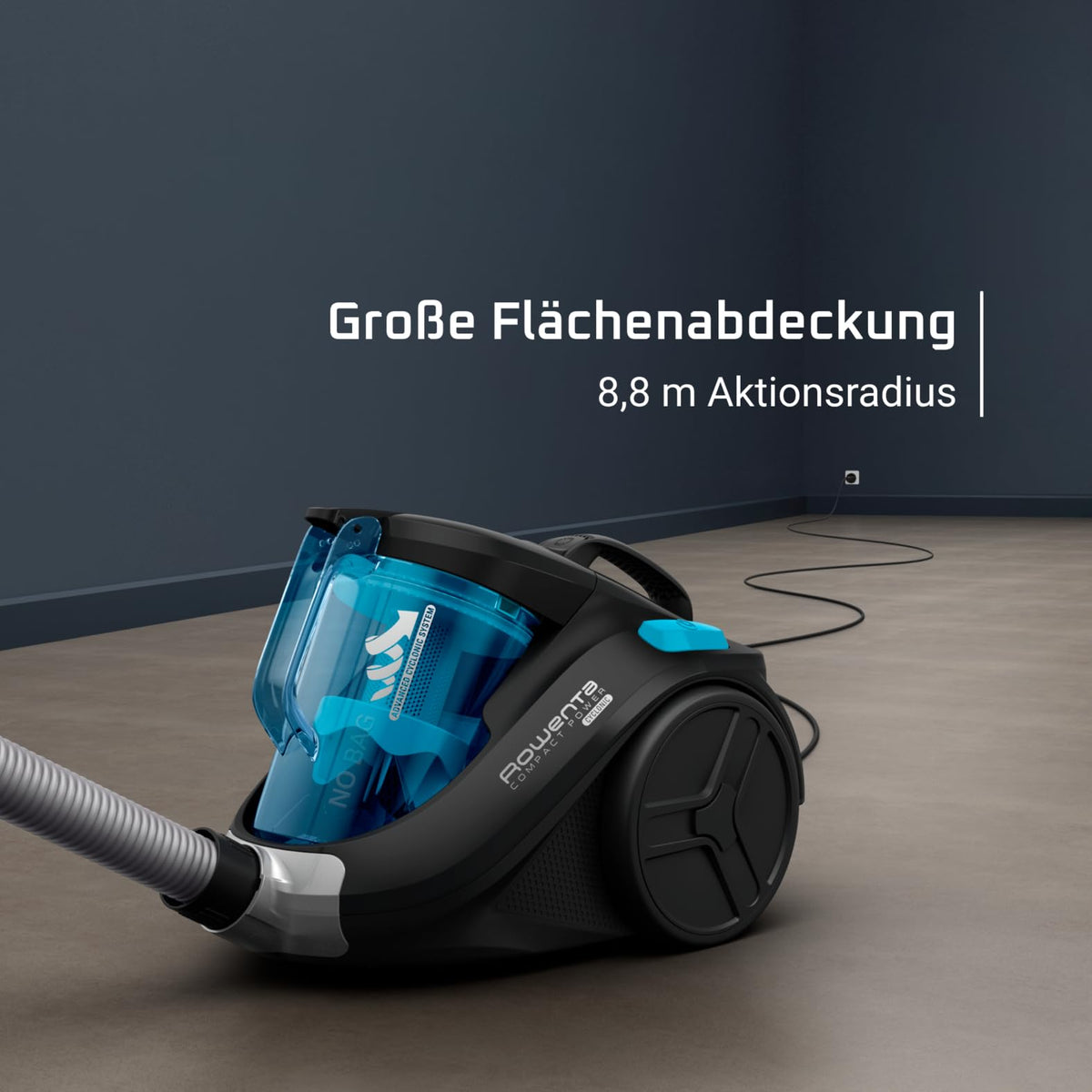 Rowenta Compact Power Cyclonic, Bodenstaubsauger beutelloser, entfernt tiefsitzenden Schmutz, 750 Watt, 1,5 Liter Fassungsvermögen, leichte Entleerung, Staubsauger leise, schwarz/blau, RO3731