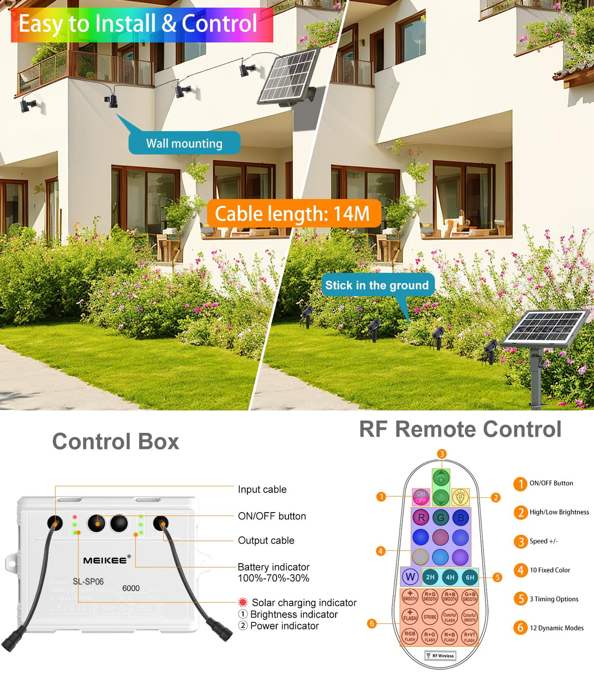 MEIKEE Solar Strahler RGB+Weiß Gartenbeleuchtung Solar Gartenleuchten Außen