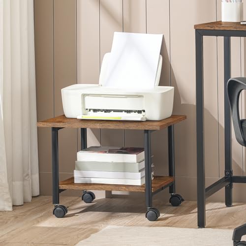 HOOBRO Druckertisch, Druckerwagen mit arretierbaren Rädern Druckerständer rollbar mit 2 Ebenen, Druckerhalter Industrie-Design, Rollcontainer, für Büro, Fax, Dunkelbraun und Schwarz EBF02PS01G1