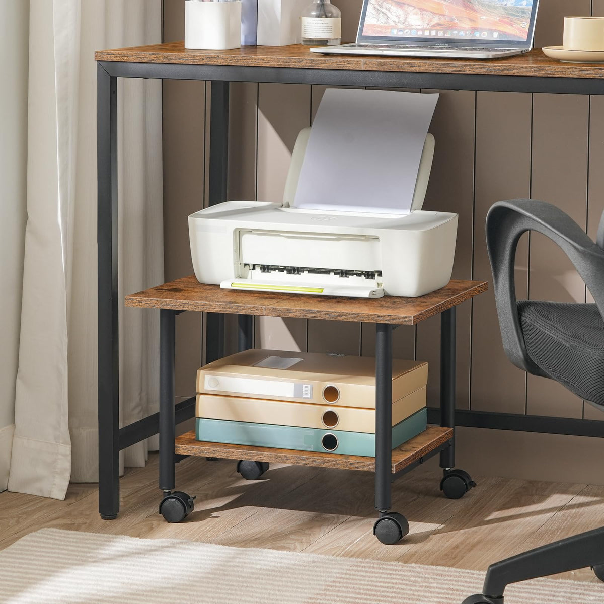 HOOBRO Druckertisch, Druckerwagen mit arretierbaren Rädern Druckerständer rollbar mit 2 Ebenen, Druckerhalter Industrie-Design, Rollcontainer, für Büro, Fax, Dunkelbraun und Schwarz EBF02PS01G1