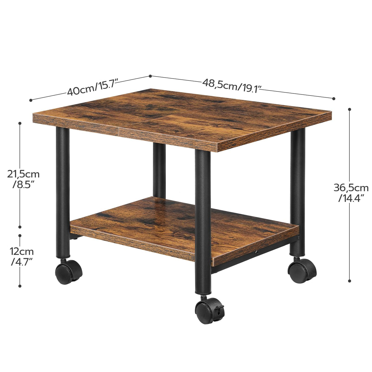 HOOBRO Druckertisch, Druckerwagen mit arretierbaren Rädern Druckerständer rollbar mit 2 Ebenen, Druckerhalter Industrie-Design, Rollcontainer, für Büro, Fax, Dunkelbraun und Schwarz EBF02PS01G1