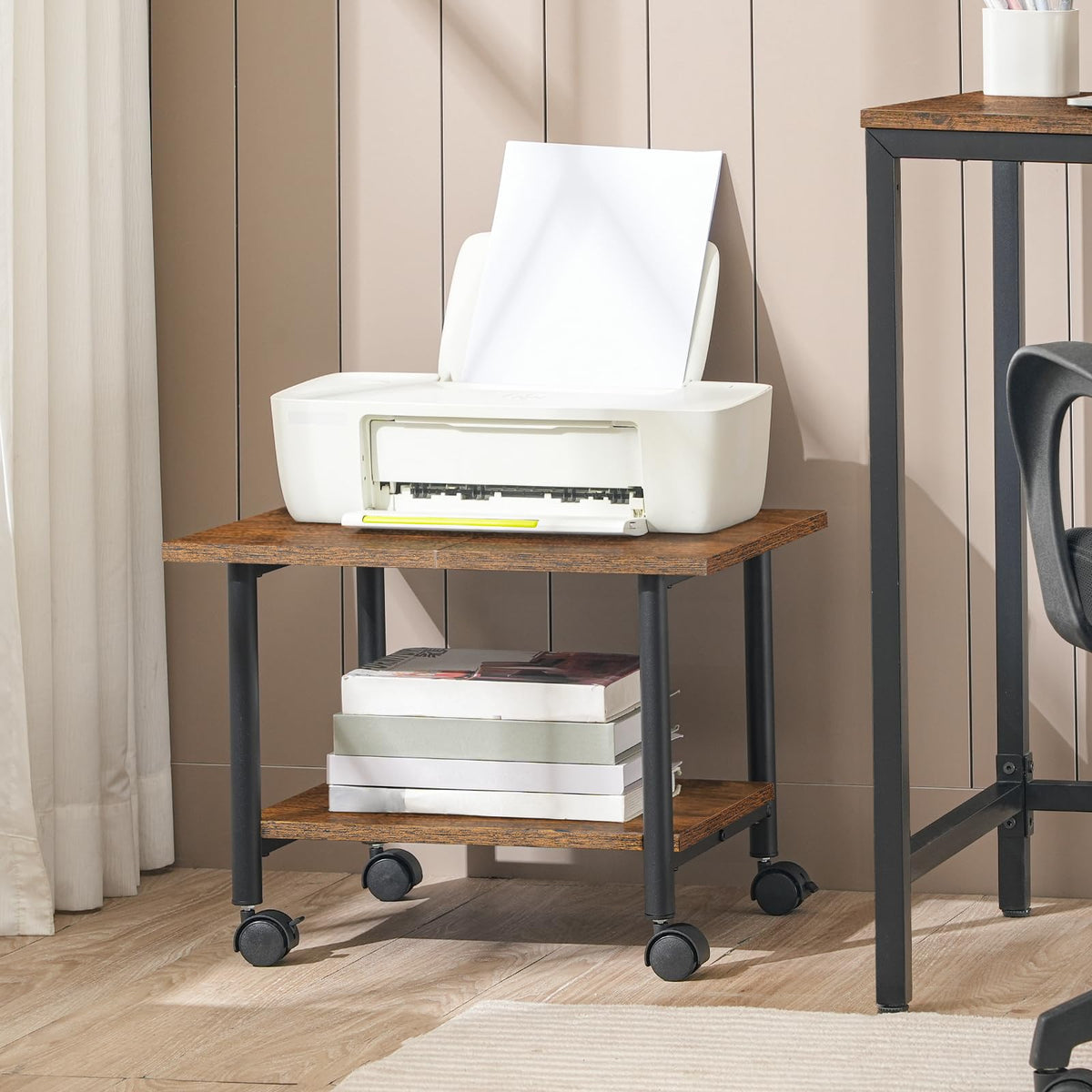 HOOBRO Druckertisch, Druckerwagen mit arretierbaren Rädern Druckerständer rollbar mit 2 Ebenen, Druckerhalter Industrie-Design, Rollcontainer, für Büro, Fax, Dunkelbraun und Schwarz EBF02PS01G1